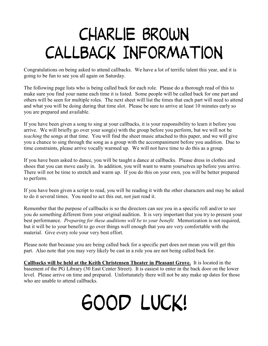 Good Luck! Callback Participants