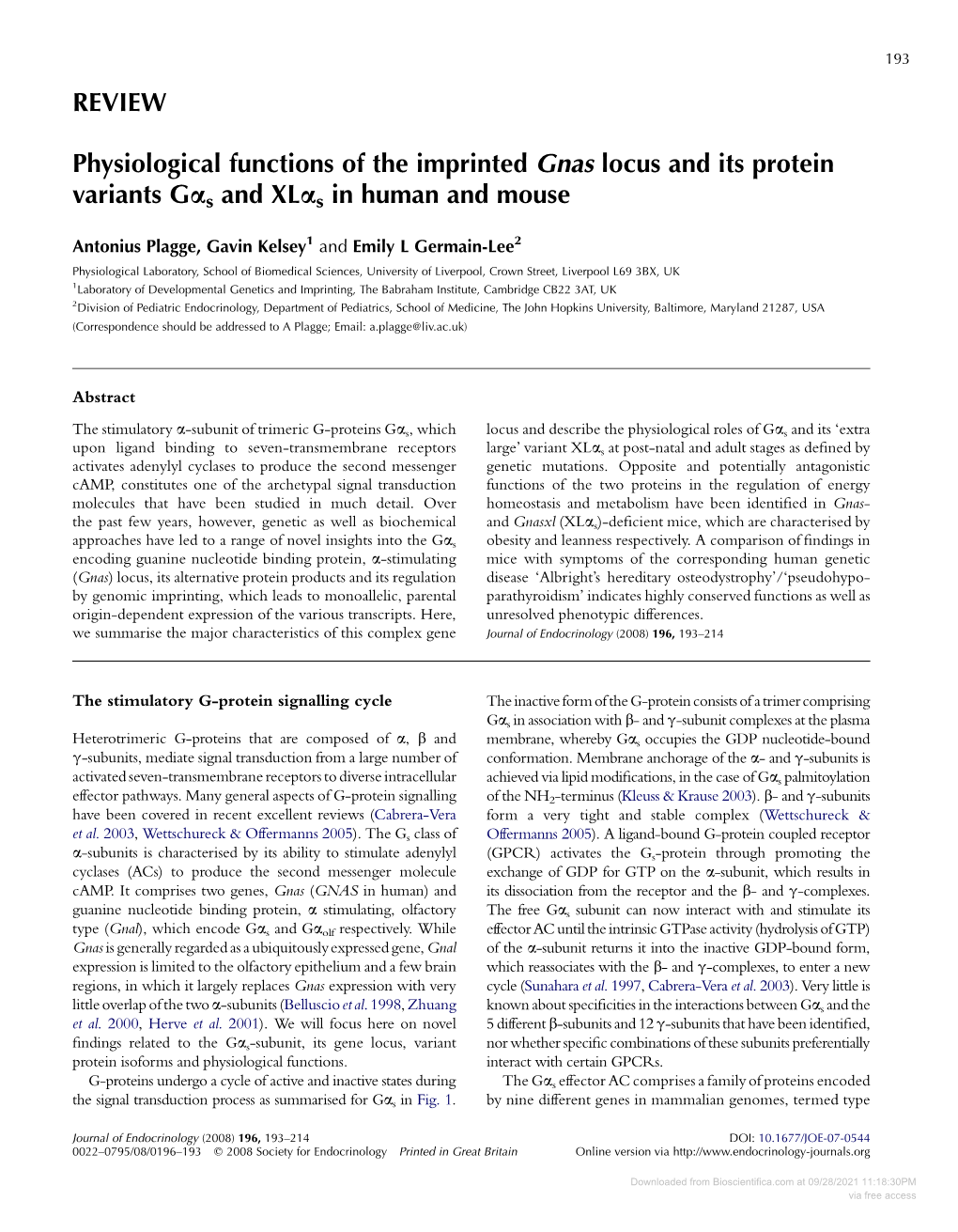 REVIEW Physiological Functions of the Imprinted Gnas Locus and Its