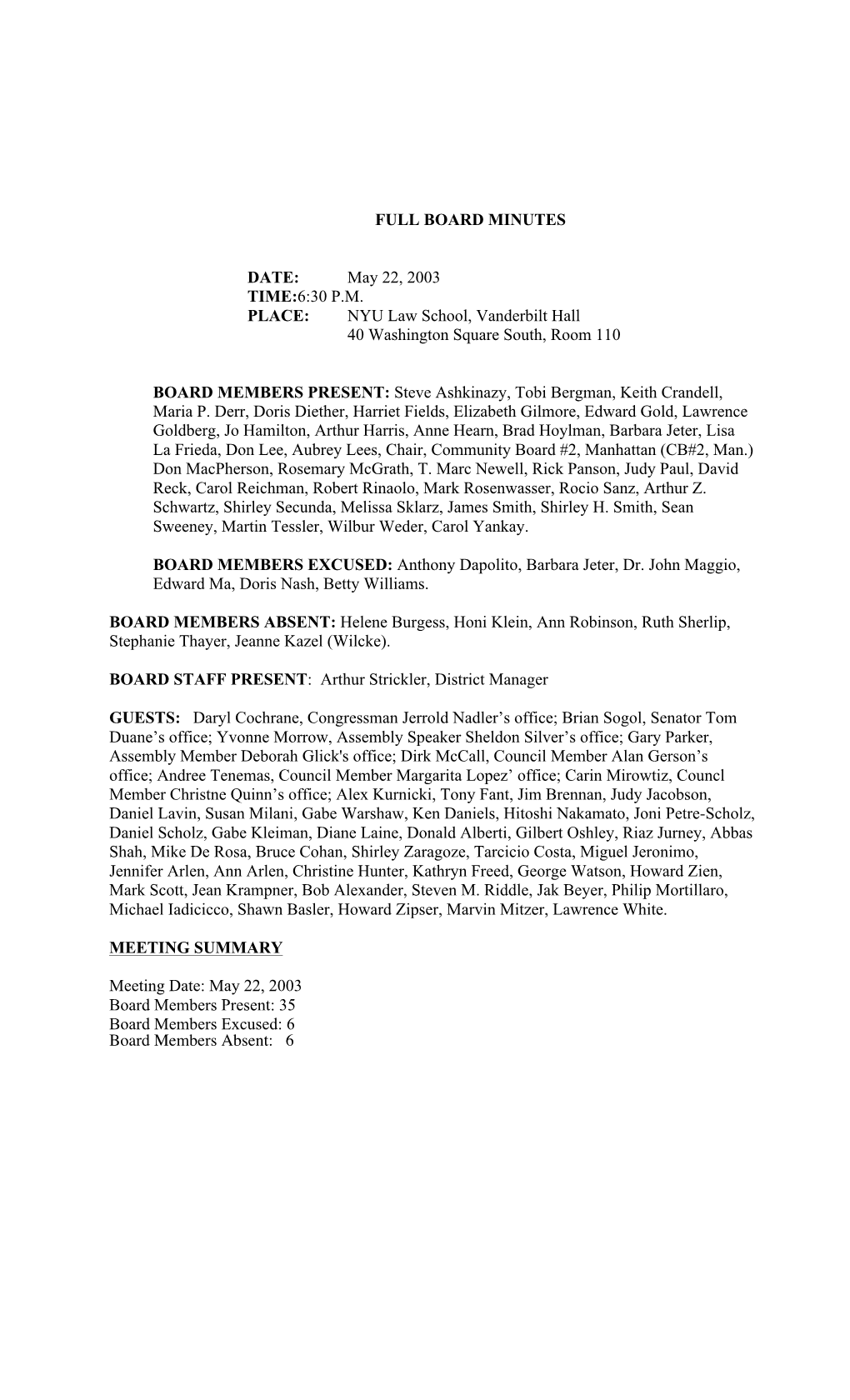 FULL BOARD MINUTES DATE: May 22, 2003 TIME:6:30 PM PLACE