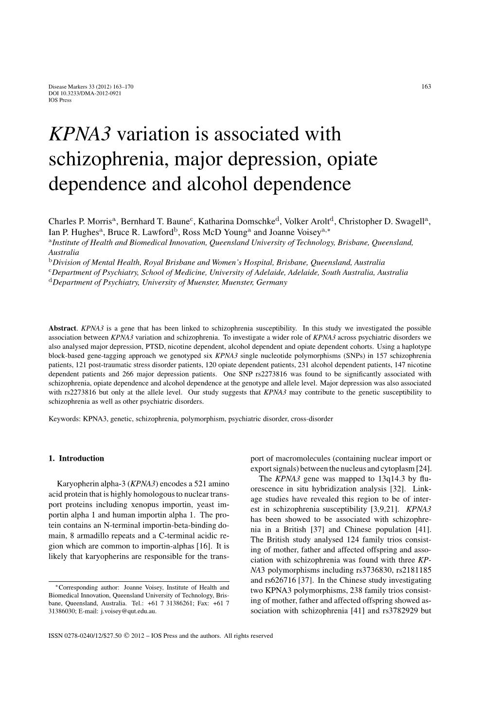 KPNA3 Variation Is Associated with Schizophrenia, Major Depression, Opiate Dependence and Alcohol Dependence