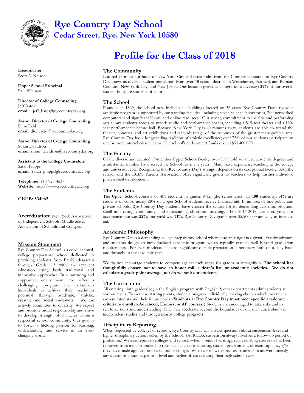 Rye Country Day School Profile for the Class of 2018