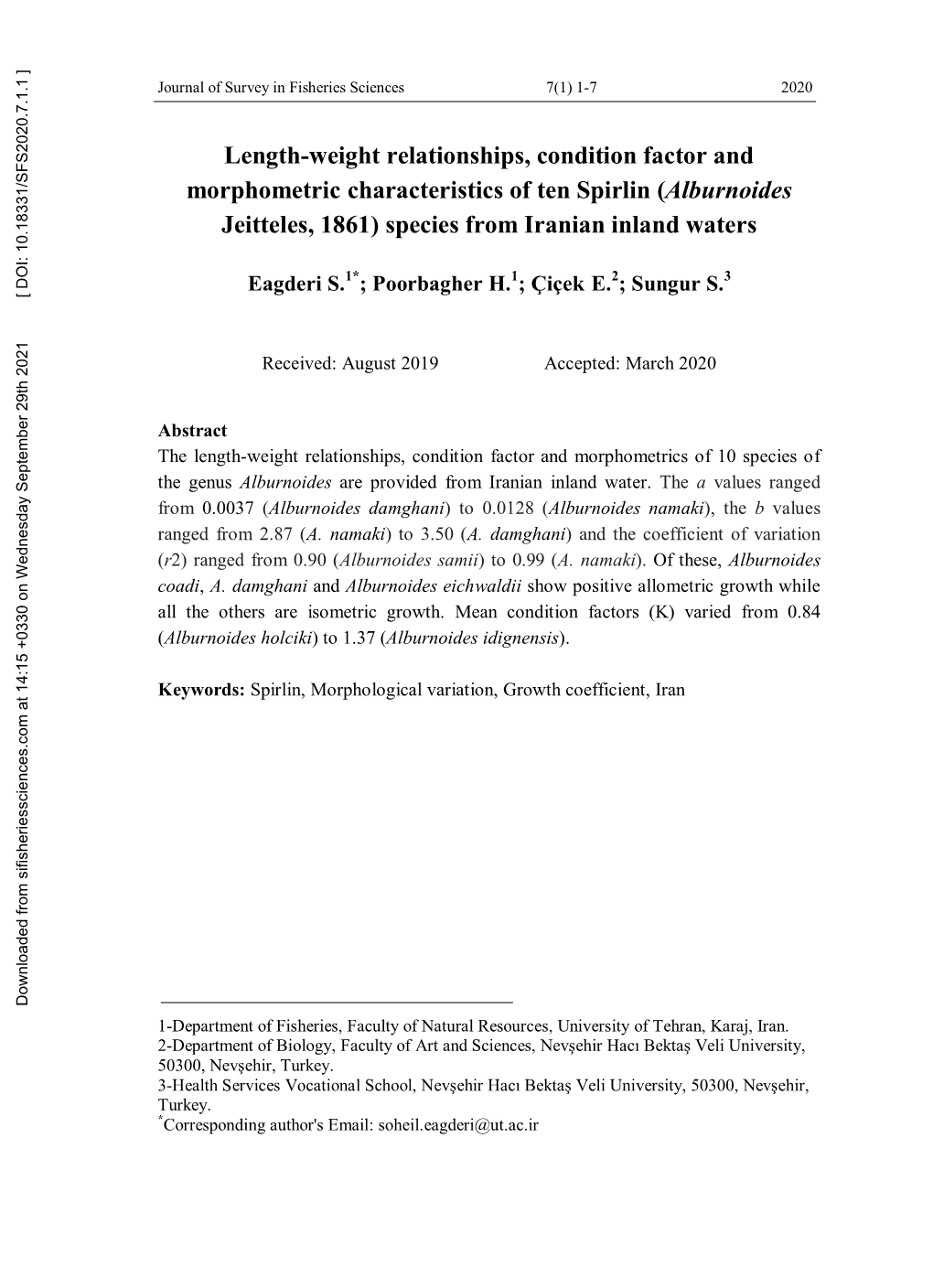 Length-Weight Relationships, Condition Factor and Morphometric Characteristics of Ten Spirlin (Alburnoides Jeitteles, 1861) Species from Iranian Inland Waters