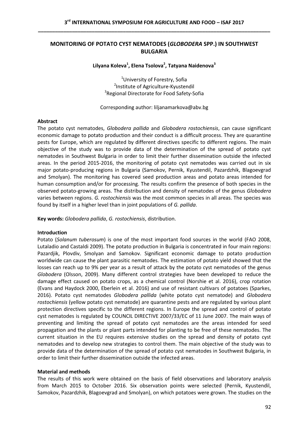 Monitoring of Potato Cyst Nematodes (Globodera Spp.) in Southwest Bulgaria