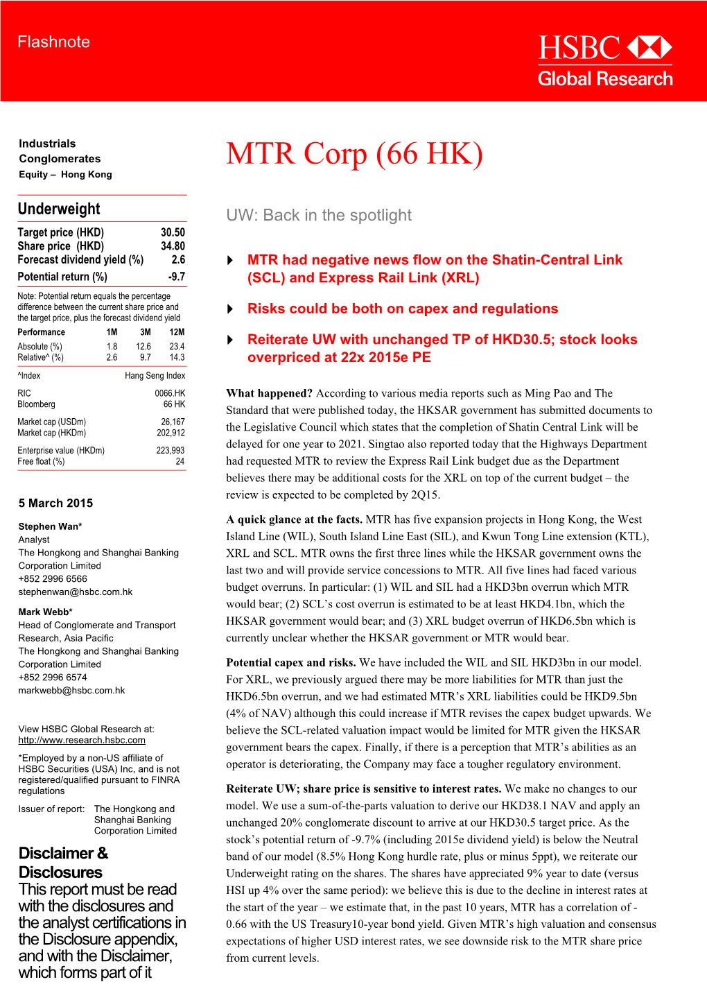 MTR Corp (66 HK)-UW: Back in the Spotlight