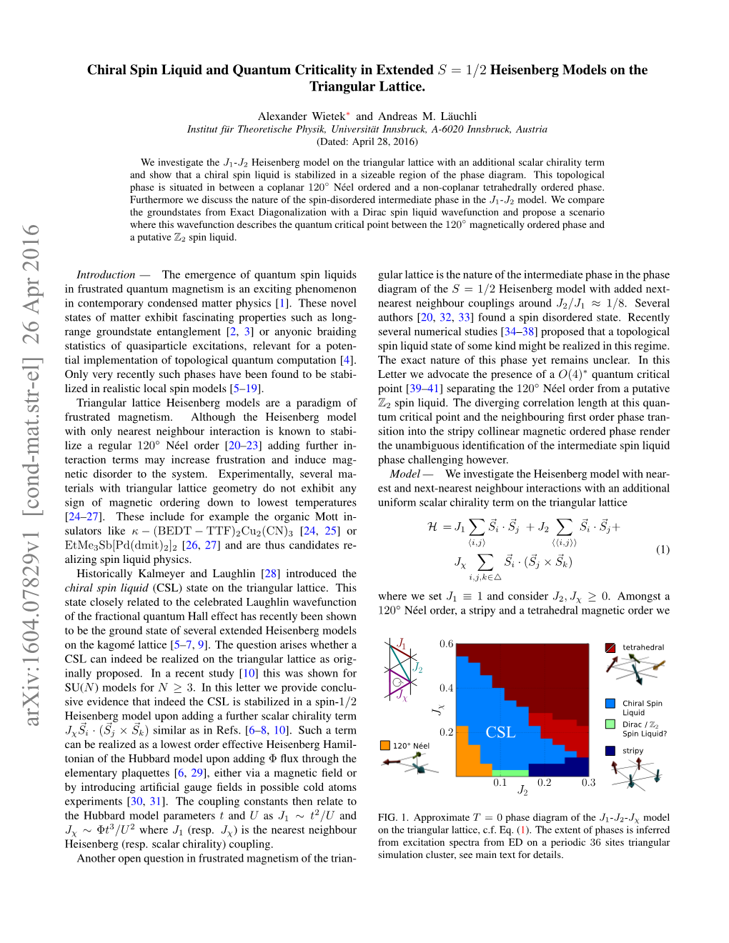 Arxiv:1604.07829V1 [Cond-Mat.Str-El] 26 Apr 2016 Jχs~I · (S~J × S~K) Similar As in Refs