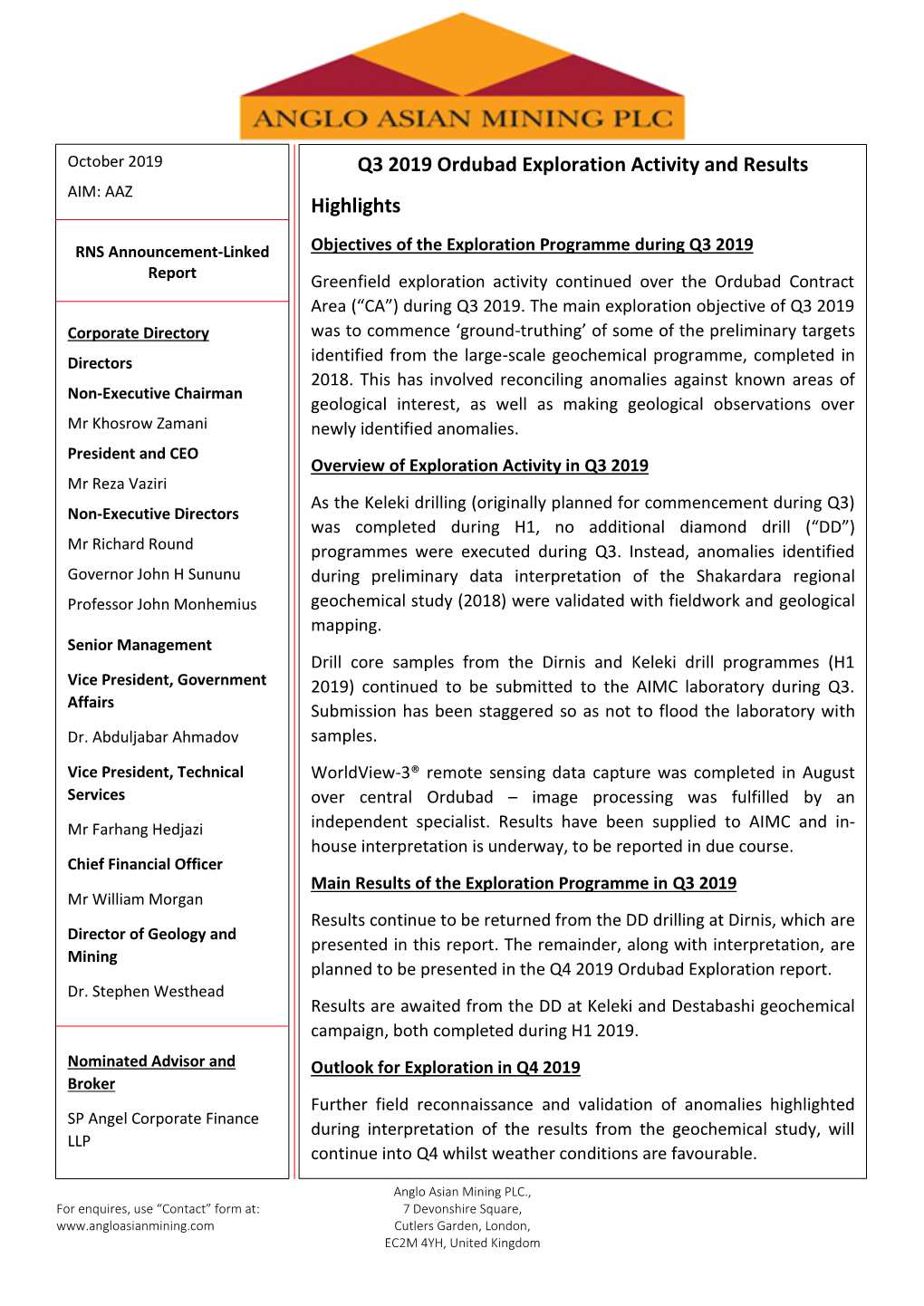 Q3 2019 Ordubad Exploration Report