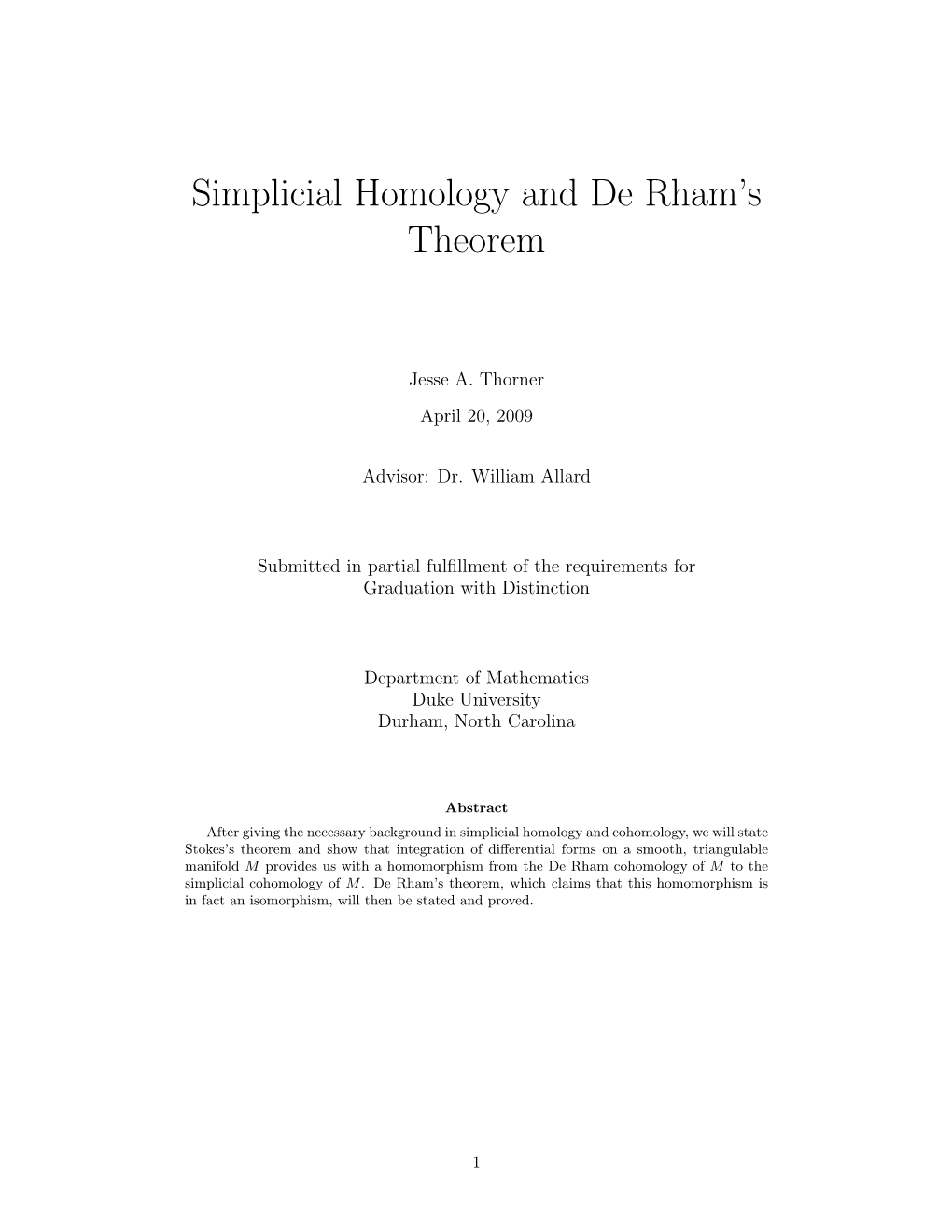 Simplicial Homology and De Rham's Theorem