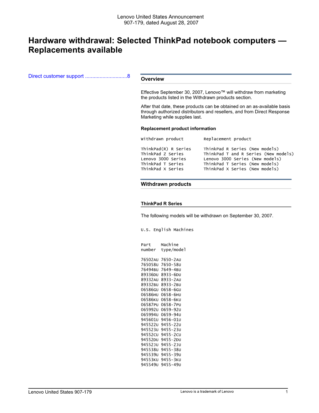 Selected Thinkpad Notebook Computers — Replacements Available