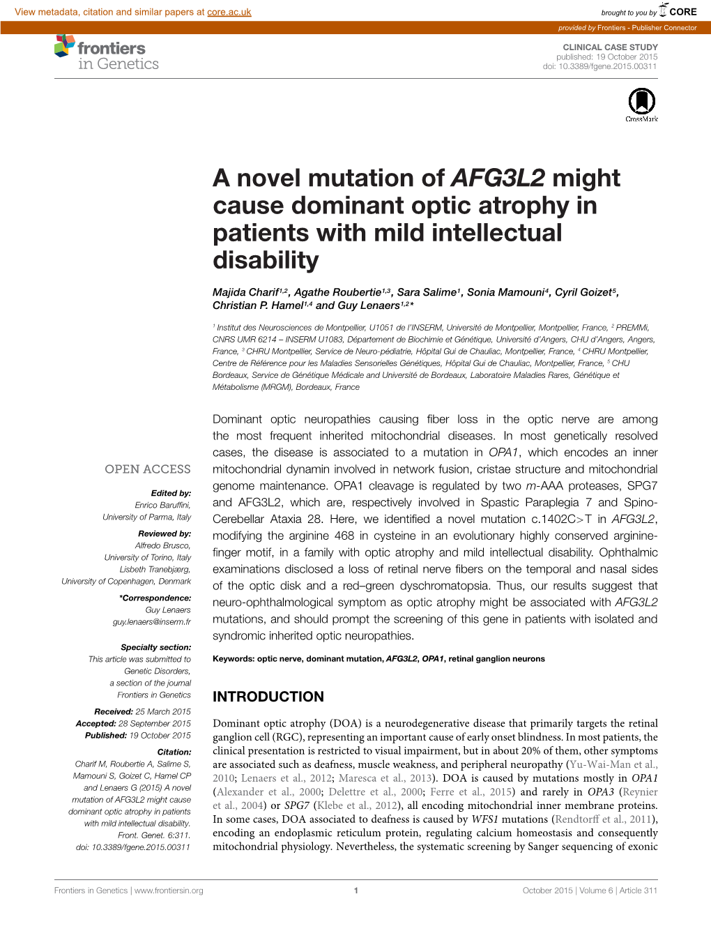 A Novel Mutation of AFG3L2 Might Cause Dominant Optic Atrophy in Patients with Mild Intellectual Disability