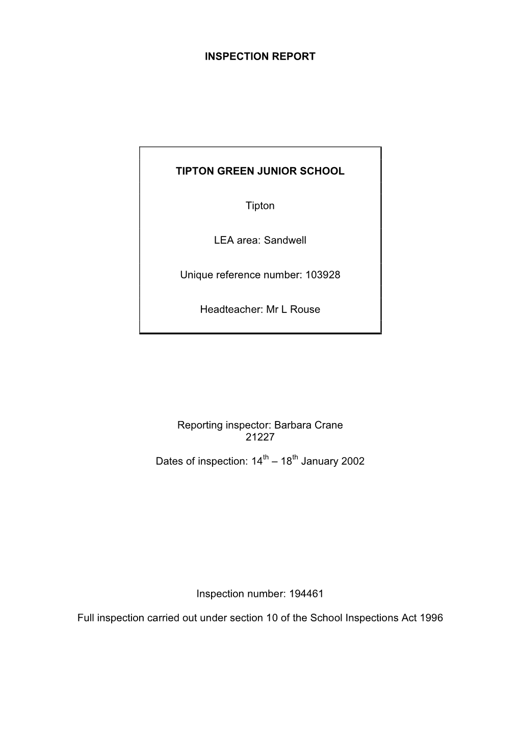 INSPECTION REPORT TIPTON GREEN JUNIOR SCHOOL Tipton