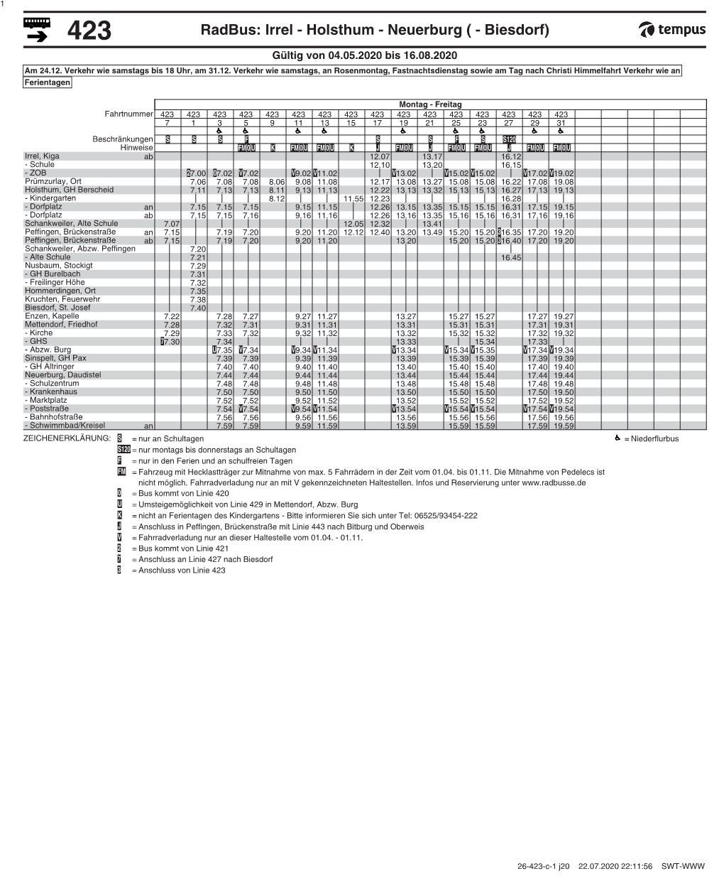 Radbus: Irrel - Holsthum - Neuerburg ( - Biesdorf) Gültig Von 04.05.2020 Bis 16.08.2020 Am 24.12