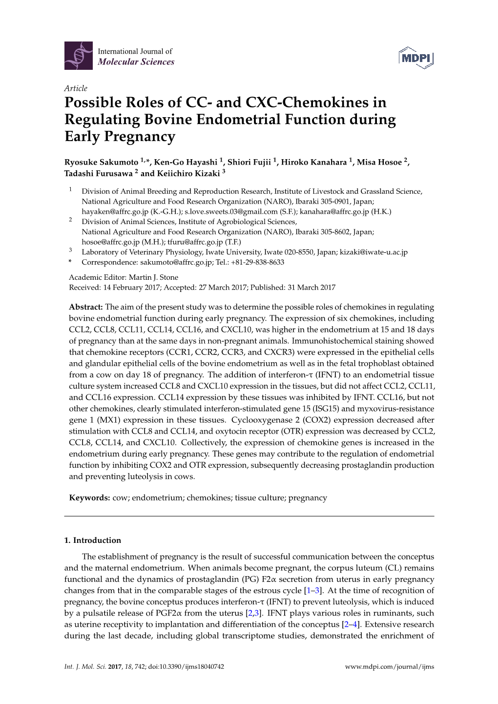 And CXC-Chemokines in Regulating Bovine Endometrial Function During Early Pregnancy