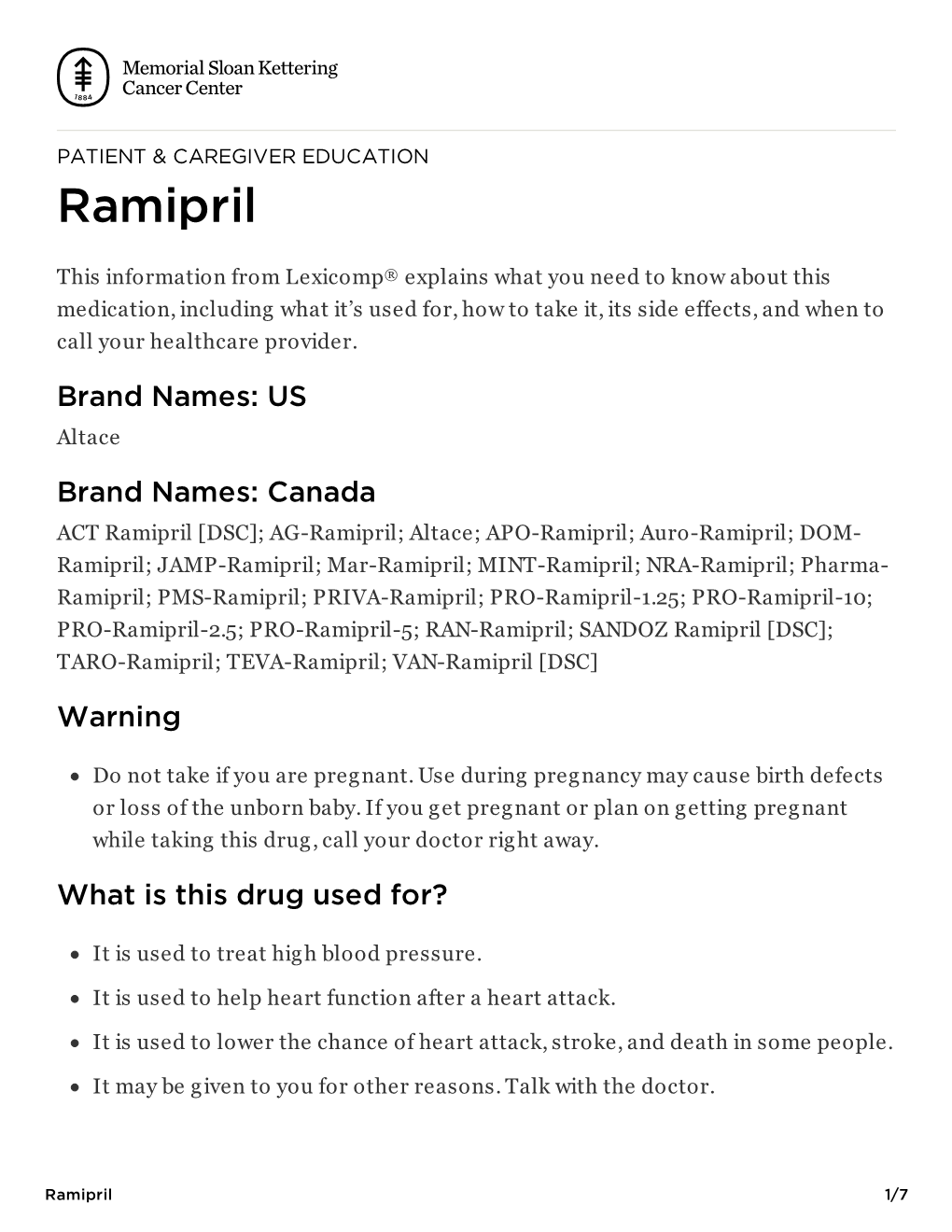 Ramipril | Memorial Sloan Kettering Cancer Center