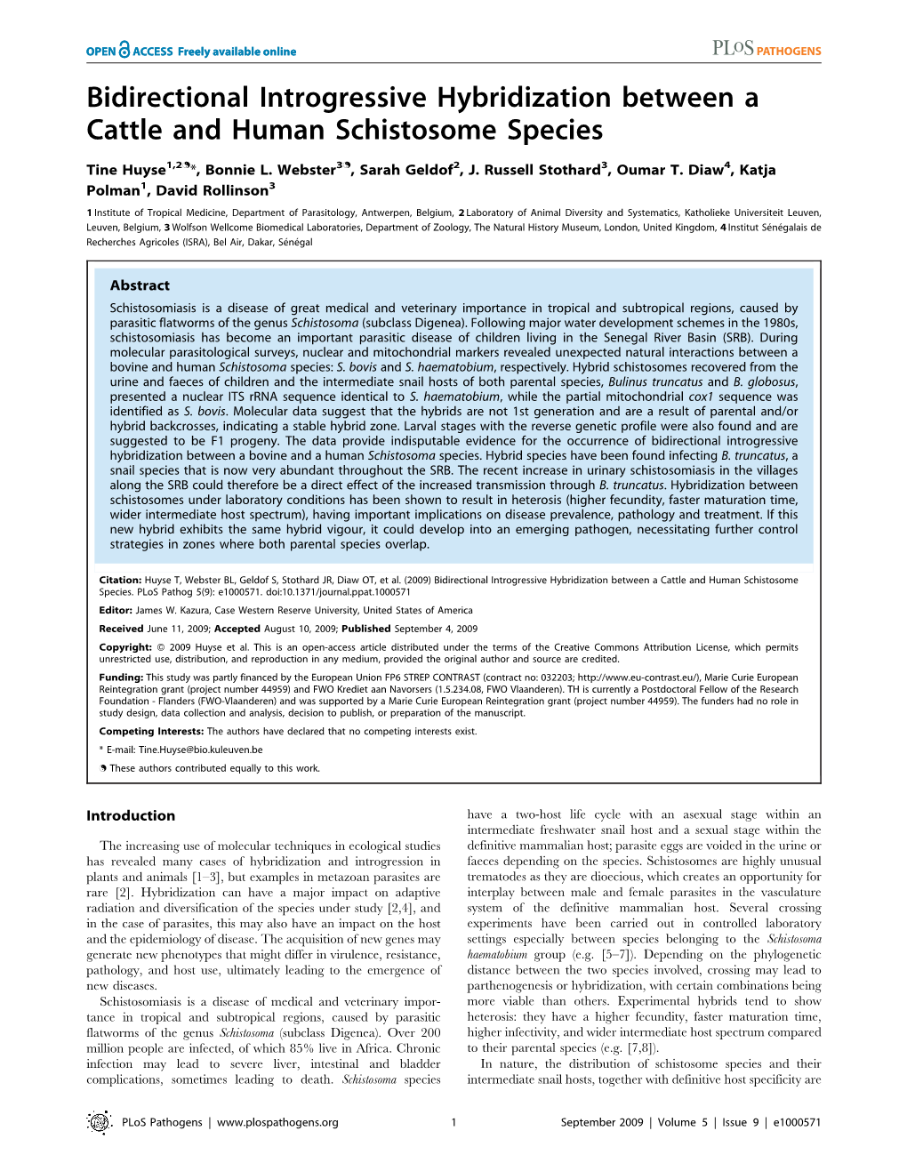 Bidirectional Introgressive Hybridization Between a Cattle and Human Schistosome Species