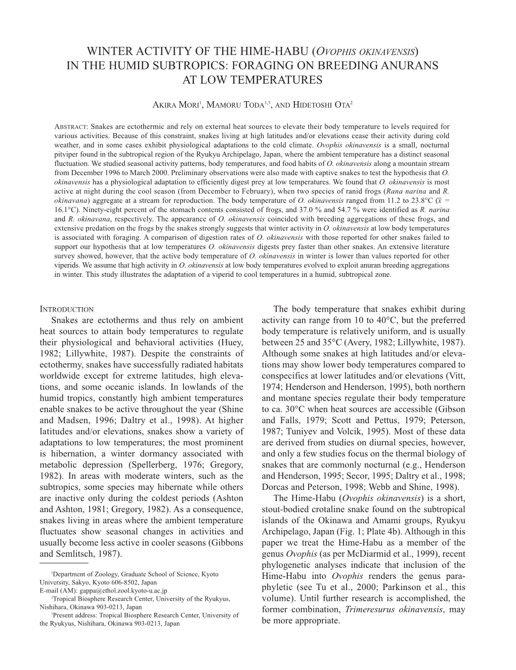 Winter Activity of the Hime-Habu (Ovophis Okinavensis) in the Humid Subtropics: Foraging on Breeding Anurans at Low Temperatures