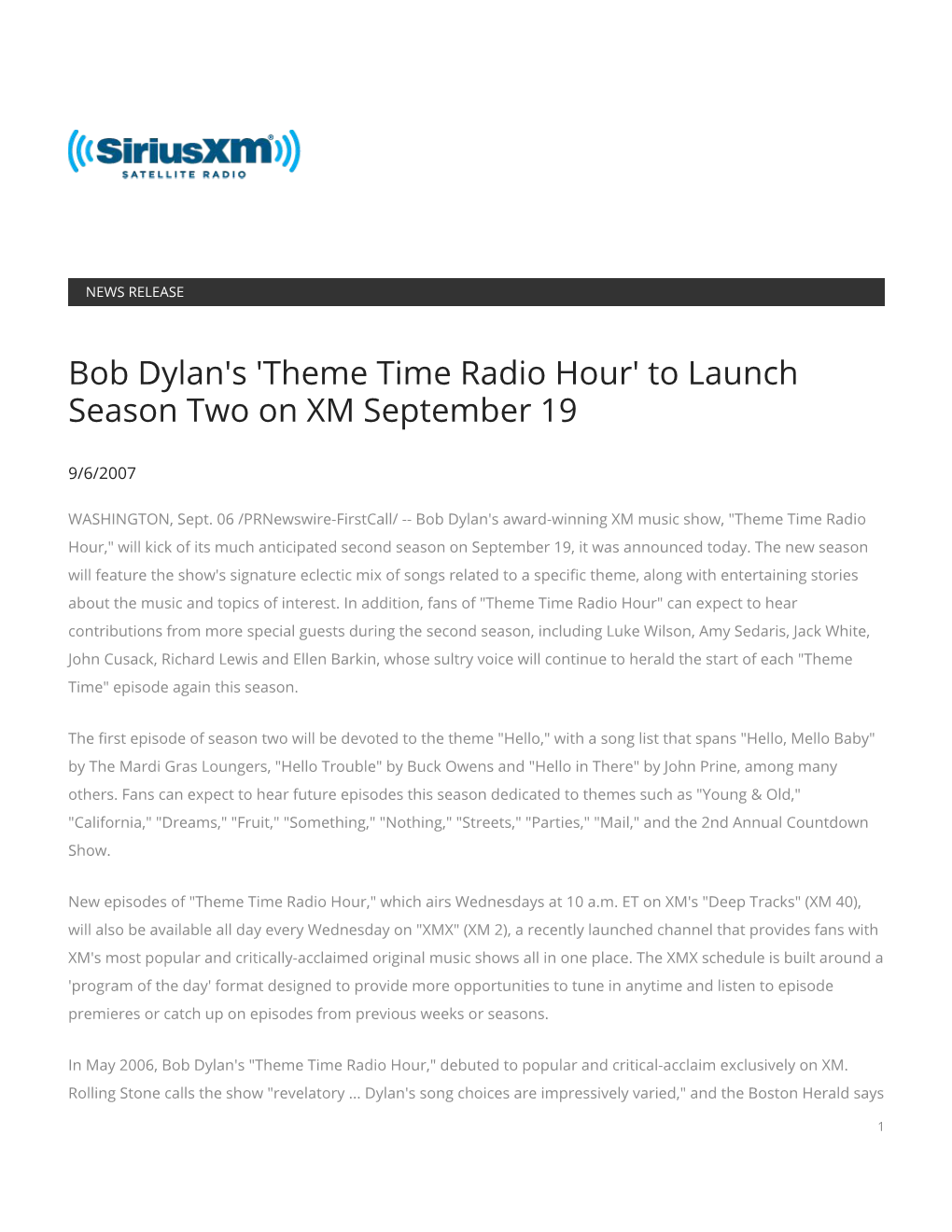 Bob Dylan's 'Theme Time Radio Hour' to Launch Season Two on XM September 19