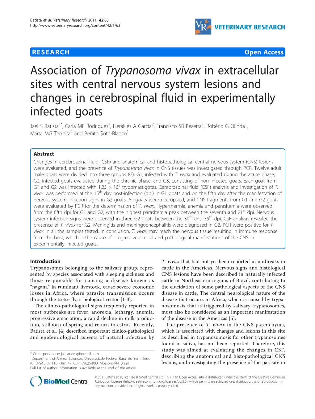 Association of Trypanosoma Vivax in Extracellular Sites with Central