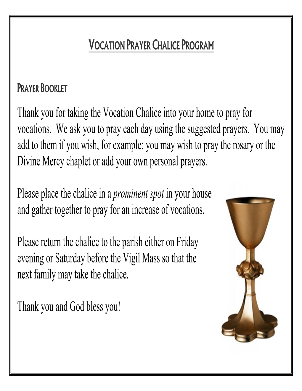 Vocation Prayer Chalice Prayer Booklet