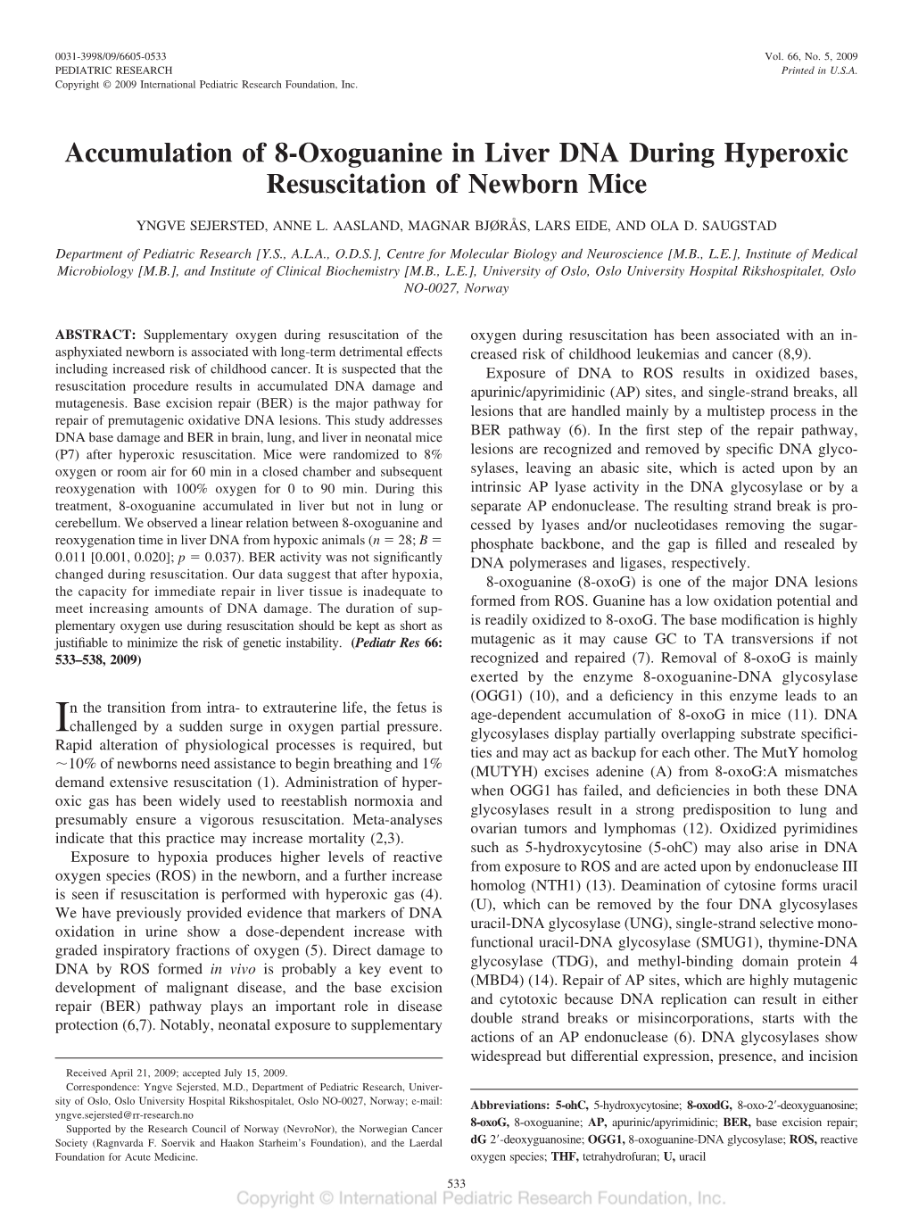 Accumulation of 8-Oxoguanine in Liver DNA During Hyperoxic Resuscitation of Newborn Mice