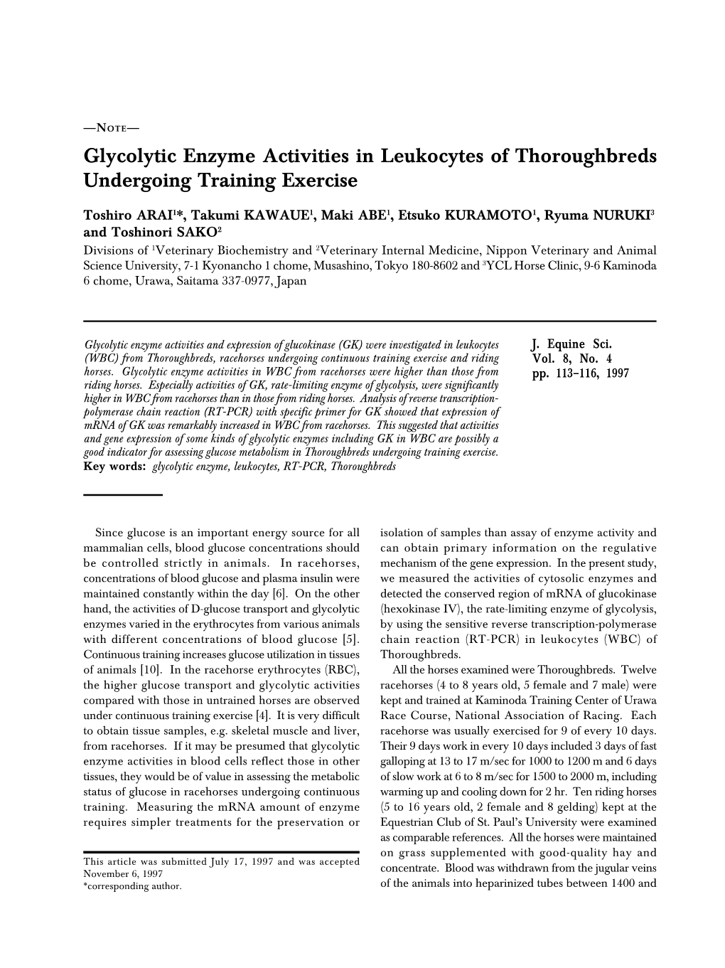 Glycolytic Enzyme Activities in Leukocytes of Thoroughbreds Undergoing Training Exercise