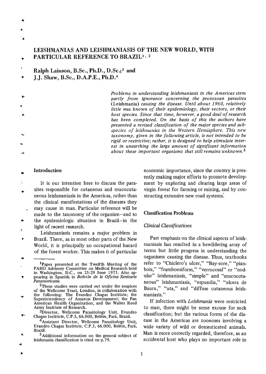 Leishmanias and Leishmaniasis of the New World, with Particular Reference to Brazil’ * 2