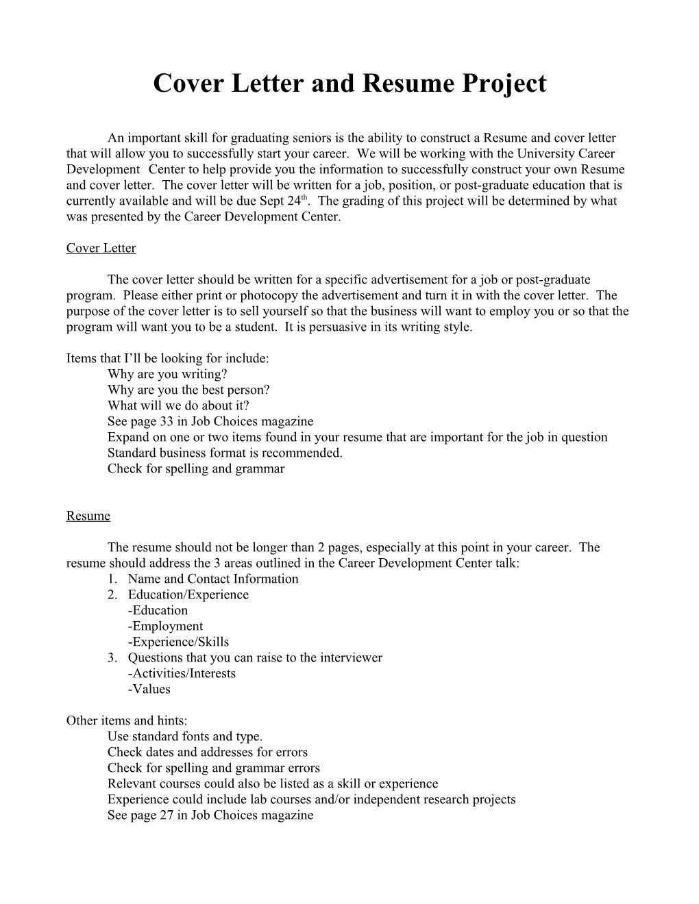 Cover Letter and Resume Project