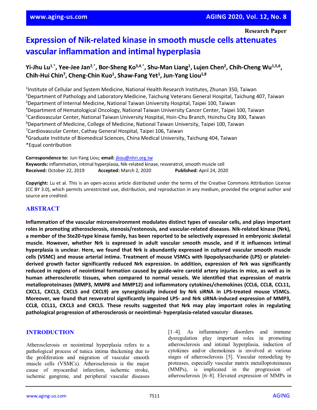 Expression of Nik-Related Kinase in Smooth Muscle Cells Attenuates Vascular Inflammation and Intimal Hyperplasia