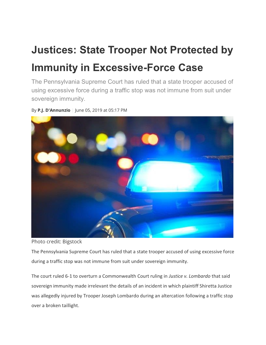 Justices: State Trooper Not Protected by Immunity in Excessive-Force Case