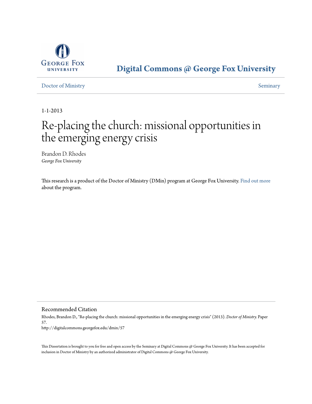 Missional Opportunities in the Emerging Energy Crisis Brandon D