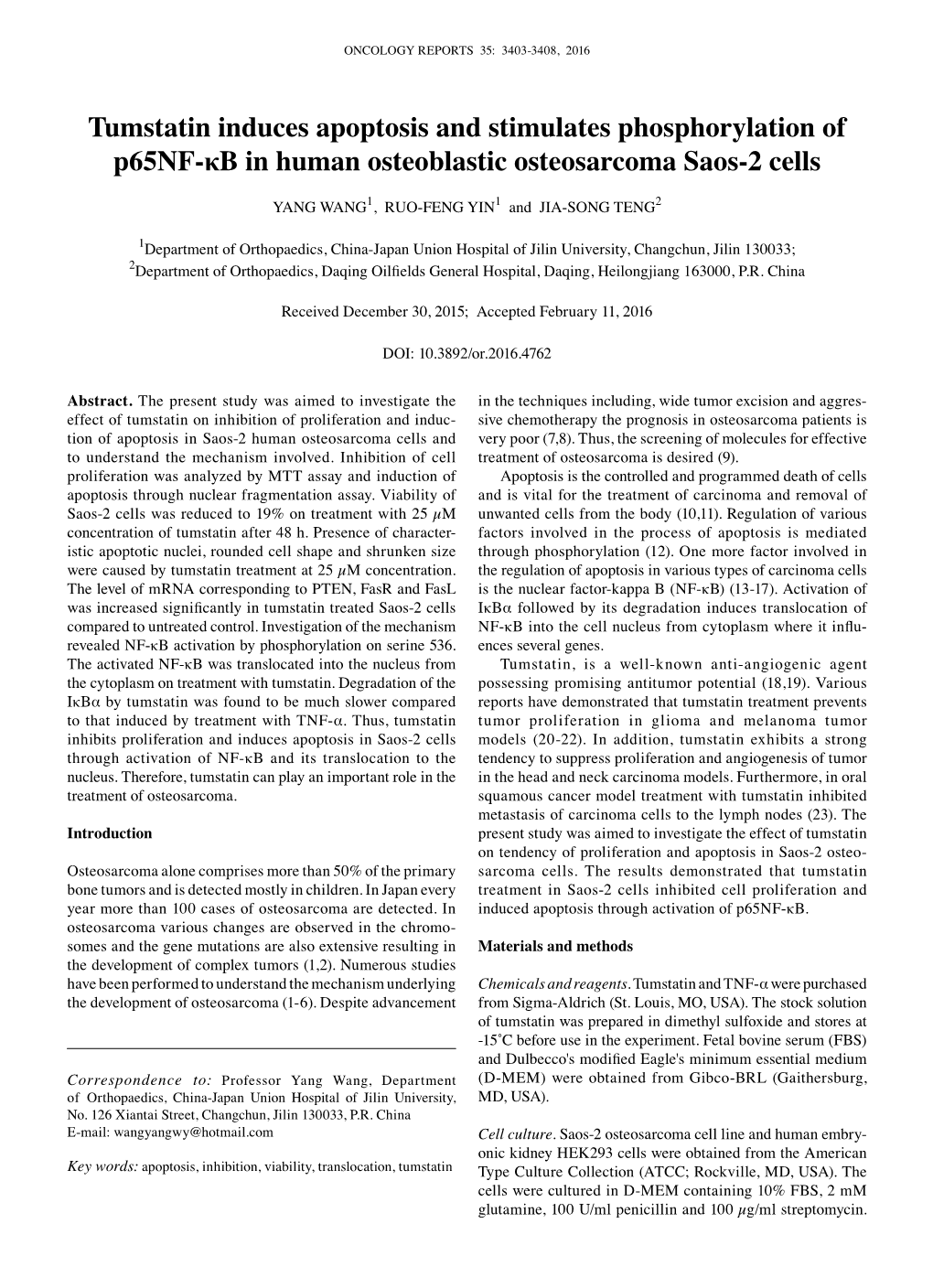 Tumstatin Induces Apoptosis and Stimulates Phosphorylation of P65nf-Κb in Human Osteoblastic Osteosarcoma Saos-2 Cells