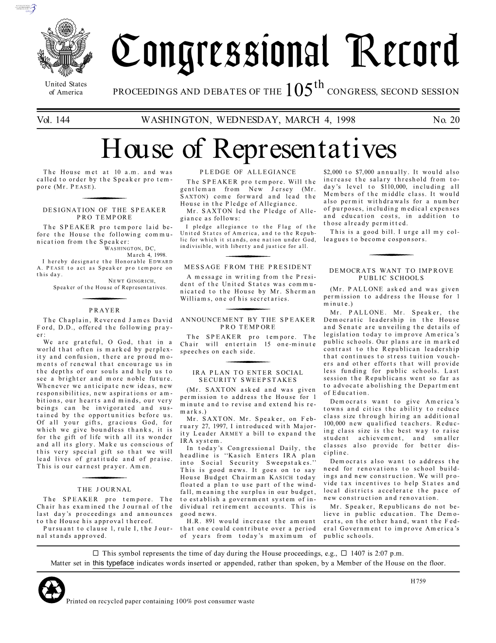 Congressional Record United States Th of America PROCEEDINGS and DEBATES of the 105 CONGRESS, SECOND SESSION