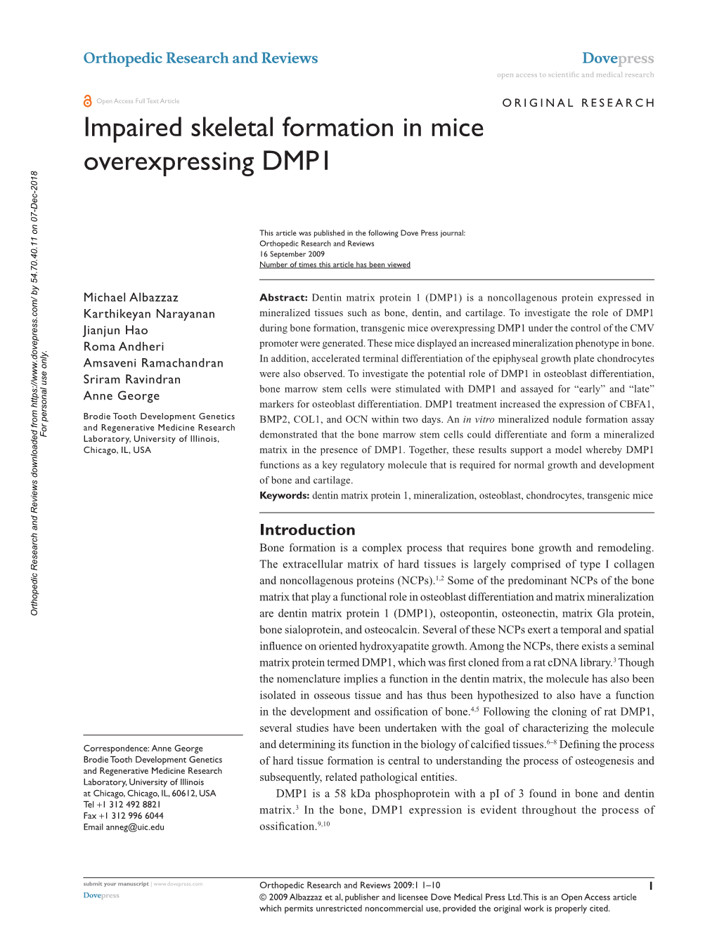 Impaired Skeletal Formation in Mice Overexpressing DMP1