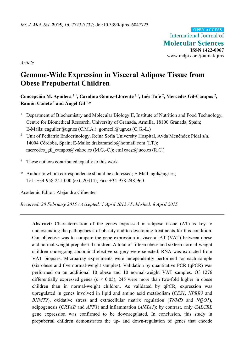 Genome-Wide Expression in Visceral Adipose Tissue from Obese Prepubertal Children