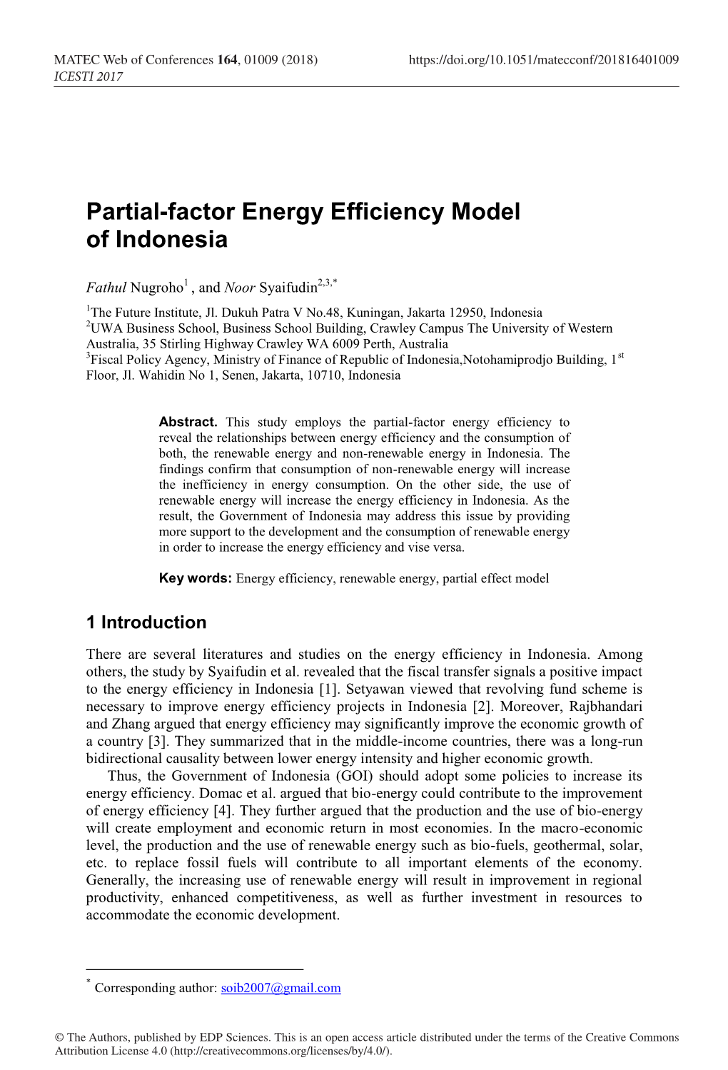 Partial-Factor Energy Efficiency Model of Indonesia