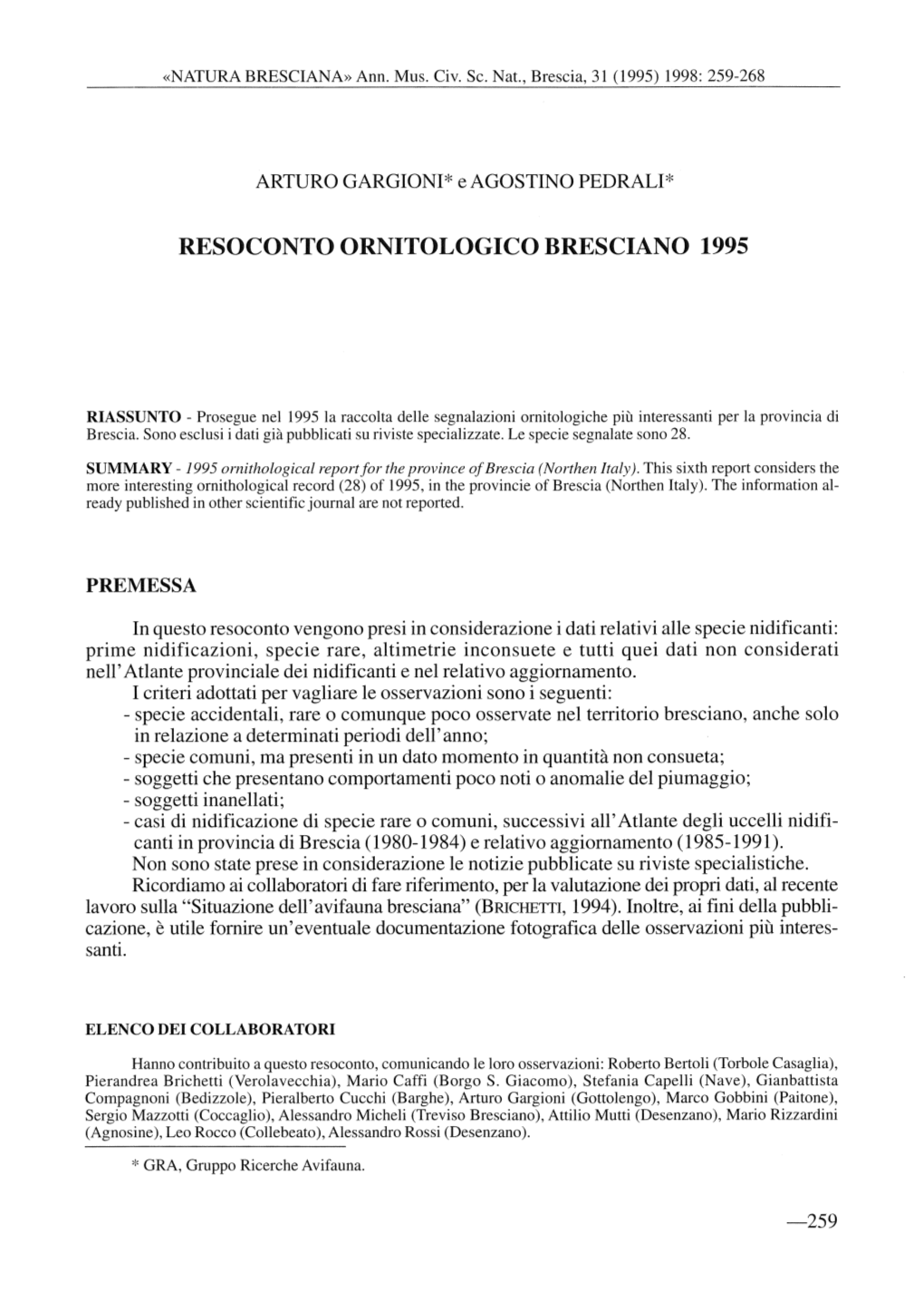 Resoconto Ornitologico Bresciano 1995