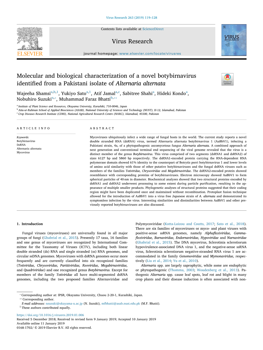 Molecular and Biological Characterization of a Novel Botybirnavirus Identified from a Pakistani Isolate of Alternaria Alternata