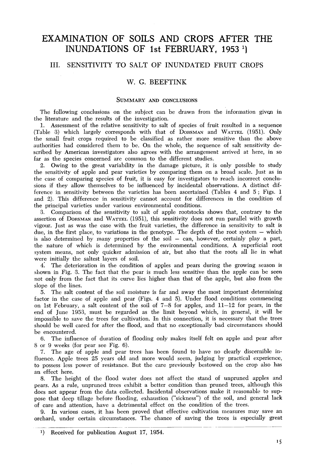 EXAMINATION of SOILS and CROPS AFTER the INUNDATIONS of 1St FEBRUARY, 1953 X)