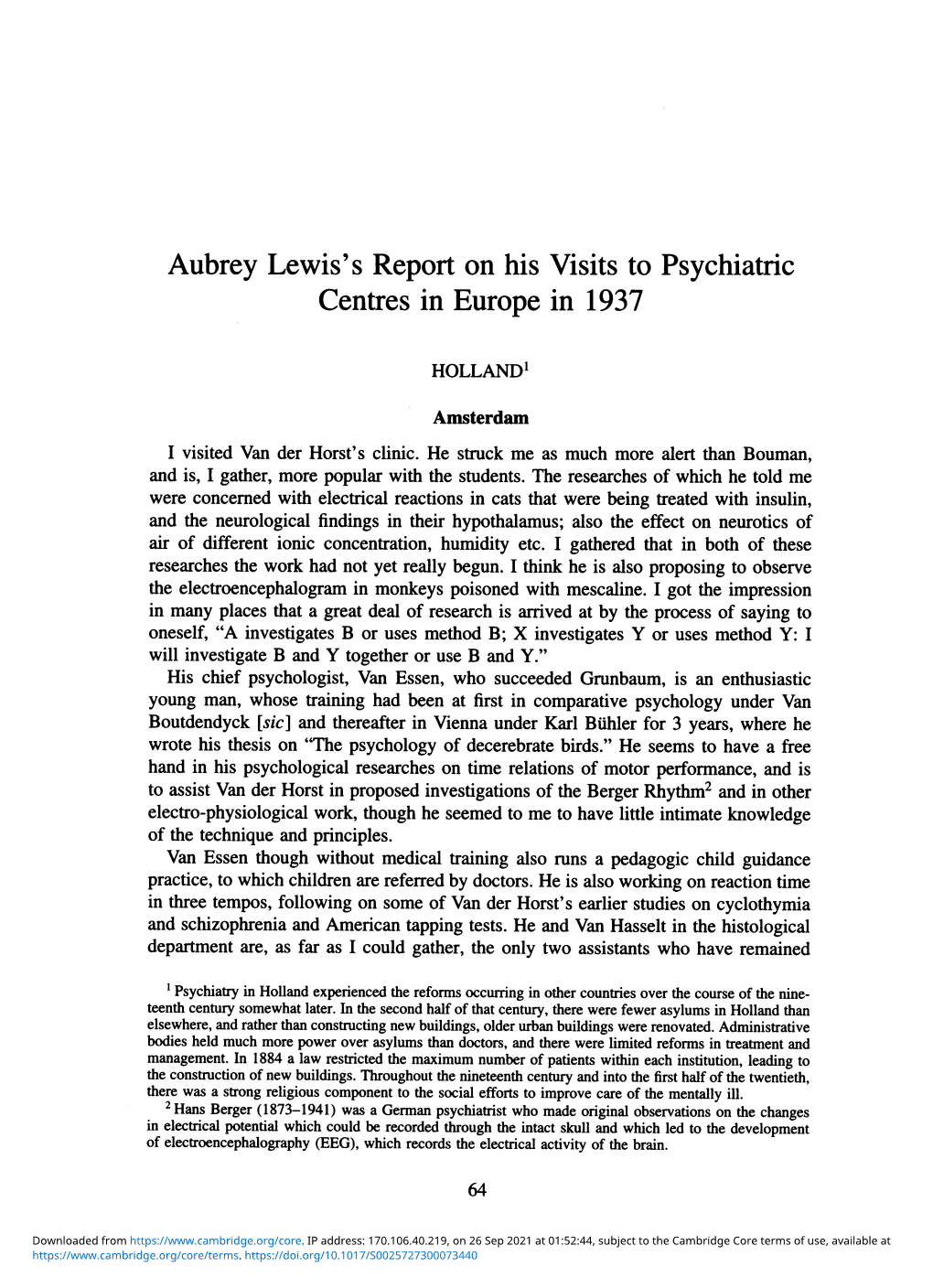 Aubrey Lewis's Report on His Visits to Psychiatric Centres in Europe in 1937