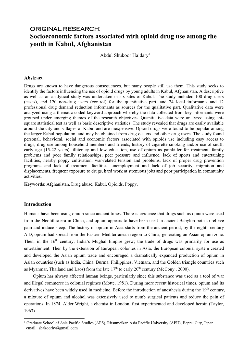 Socioeconomic Factors Associated with Opioid Drug Use Among the Youth in Kabul, Afghanistan