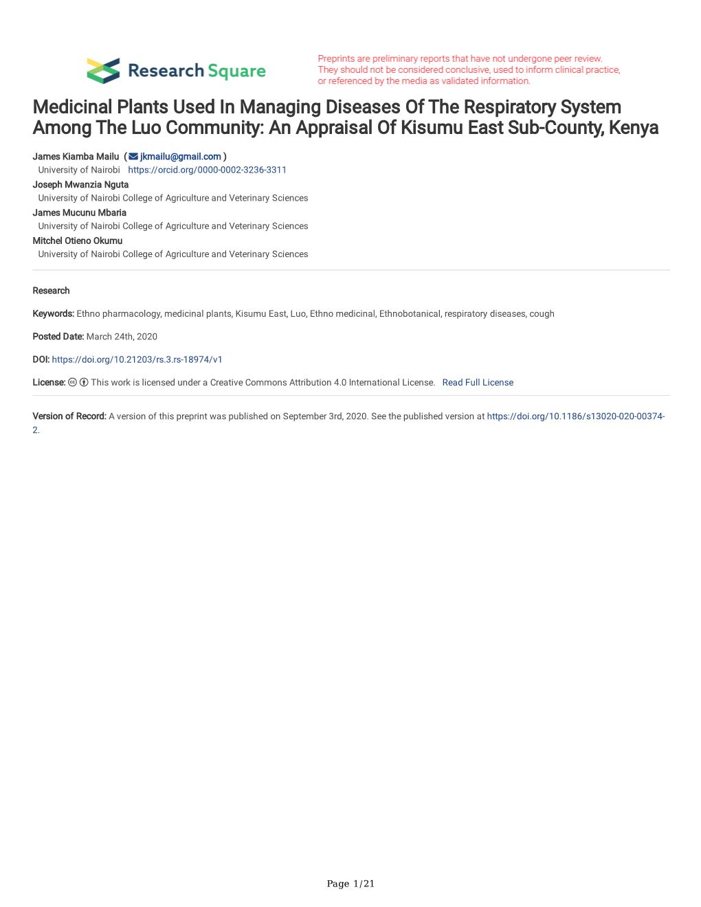 Medicinal Plants Used in Managing Diseases of the Respiratory System Among the Luo Community: an Appraisal of Kisumu East Sub-County, Kenya