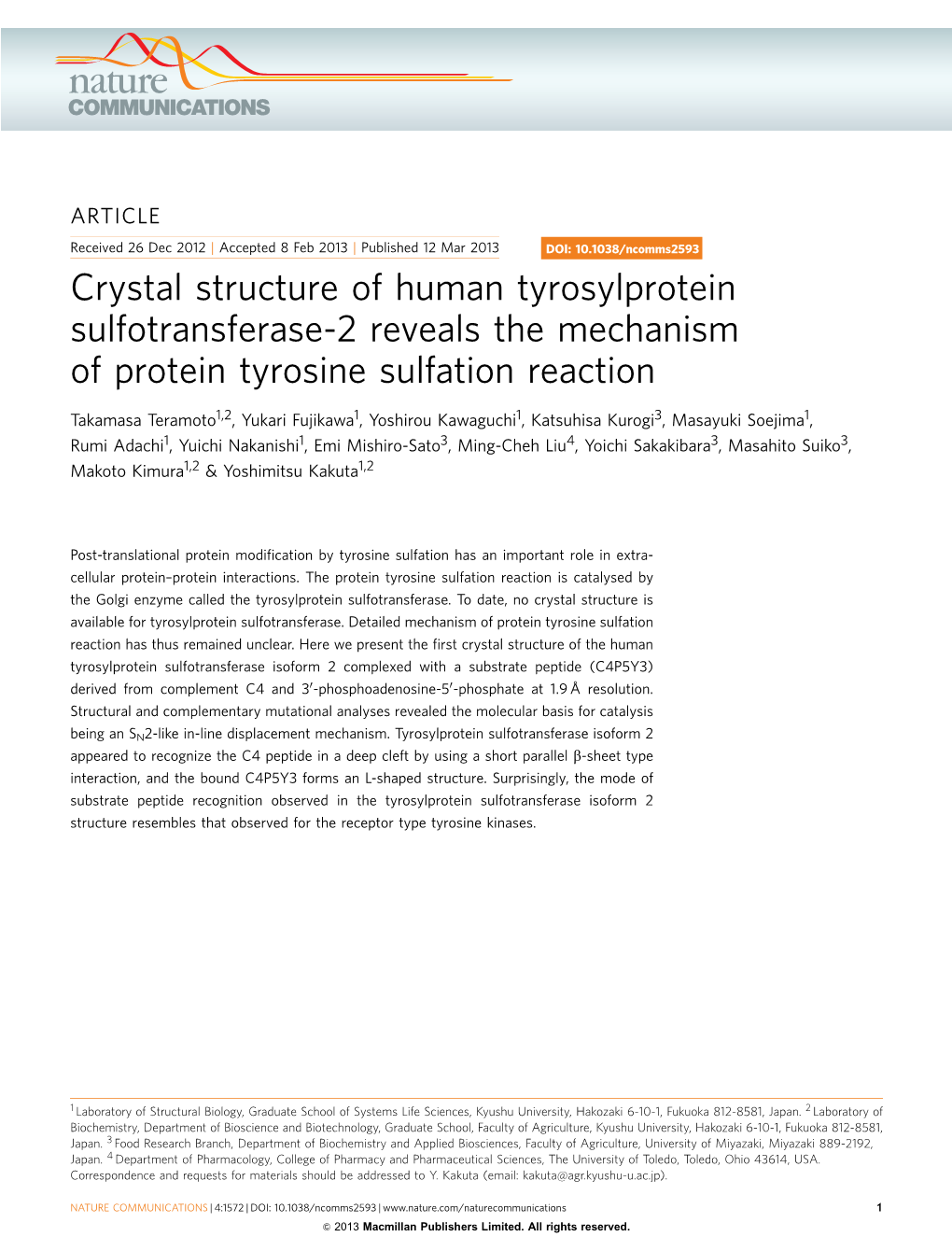 Crystal Structure of Human Tyrosylprotein Sulfotransferase-2 Reveals the Mechanism of Protein Tyrosine Sulfation Reaction