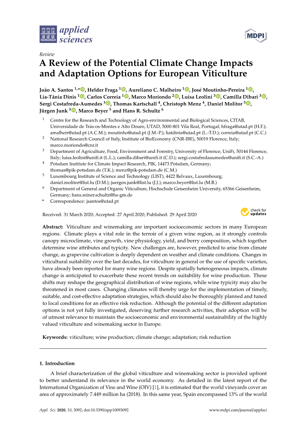 A Review of the Potential Climate Change Impacts and Adaptation Options for European Viticulture