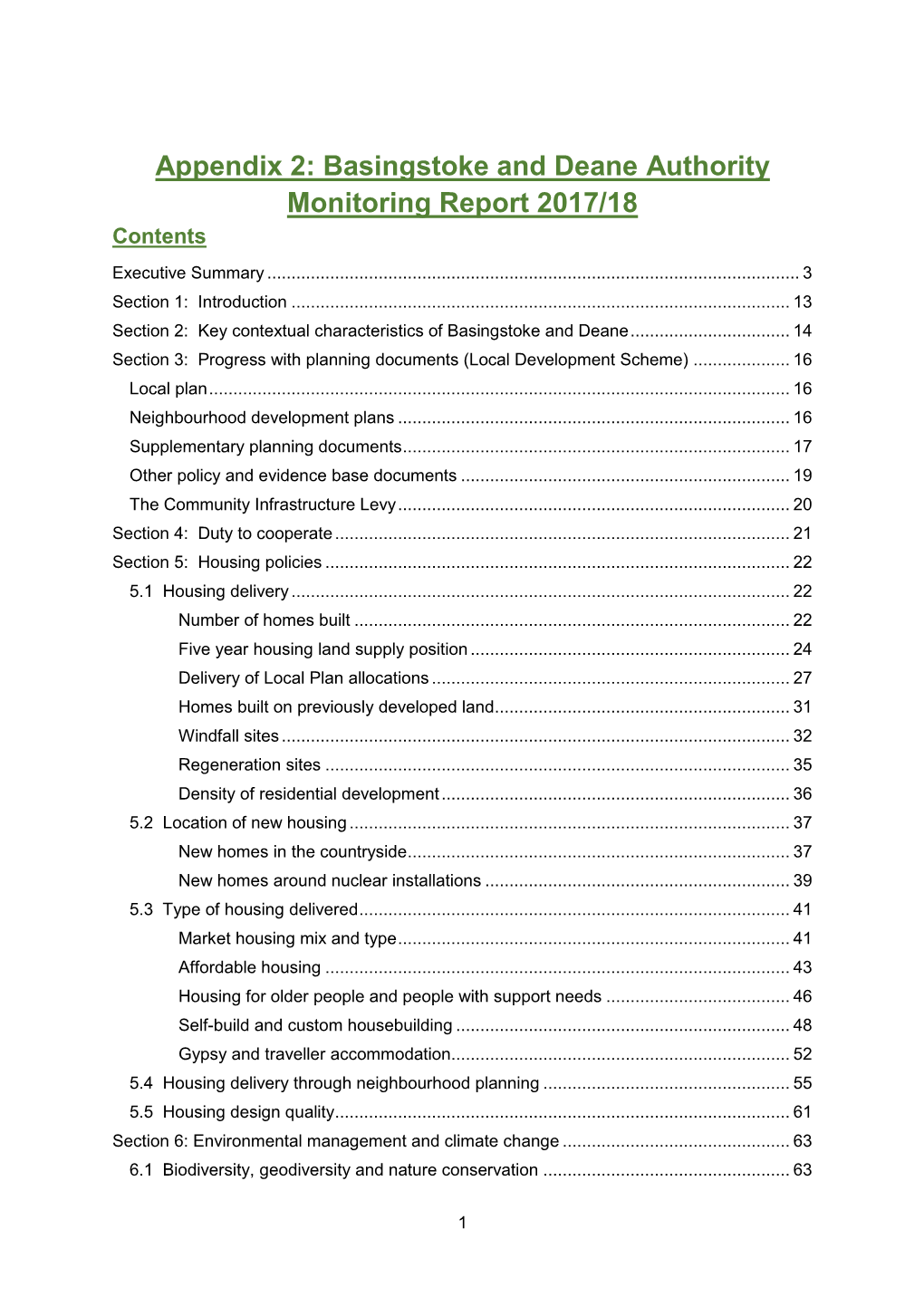 Appendix 2: Basingstoke and Deane Authority Monitoring Report 2017/18 Contents