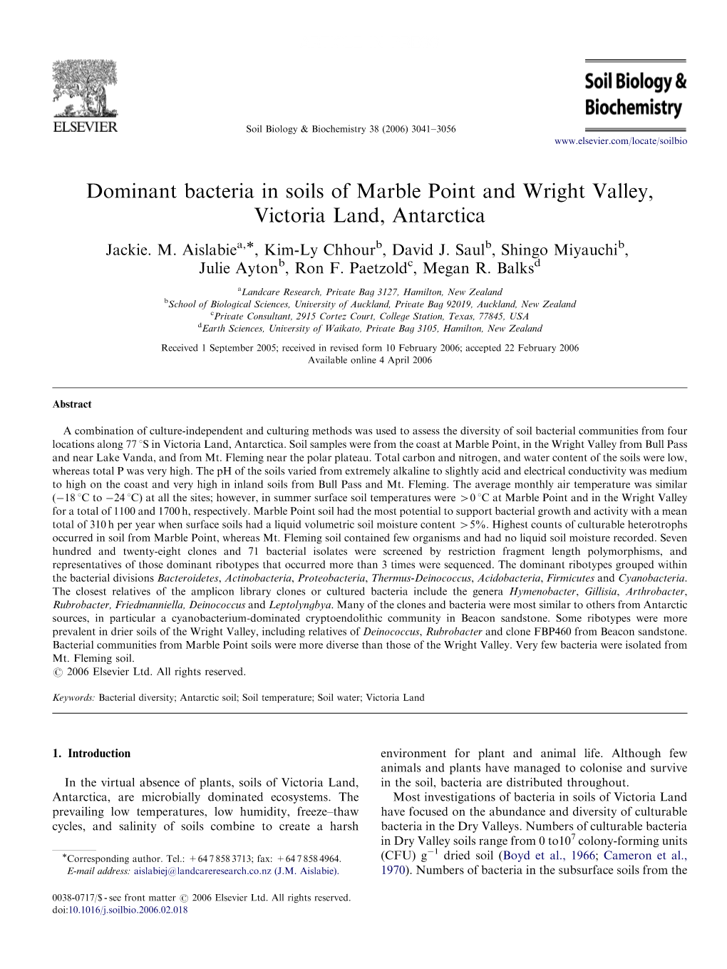 Dominant Bacteria in Soils of Marble Point and Wright Valley, Victoria Land, Antarctica