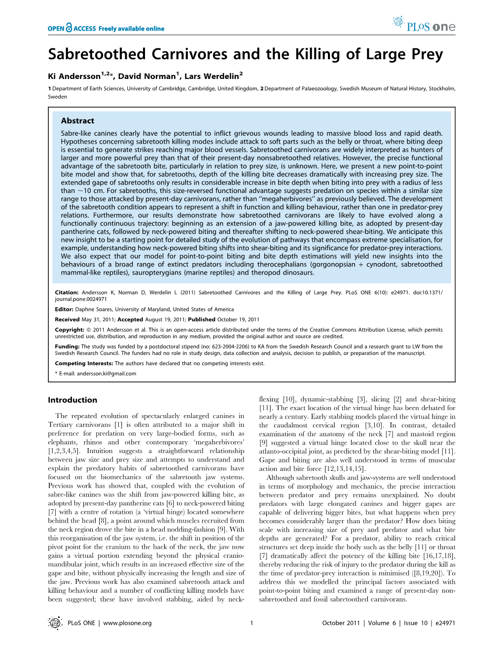 Sabretoothed Carnivores and the Killing of Large Prey