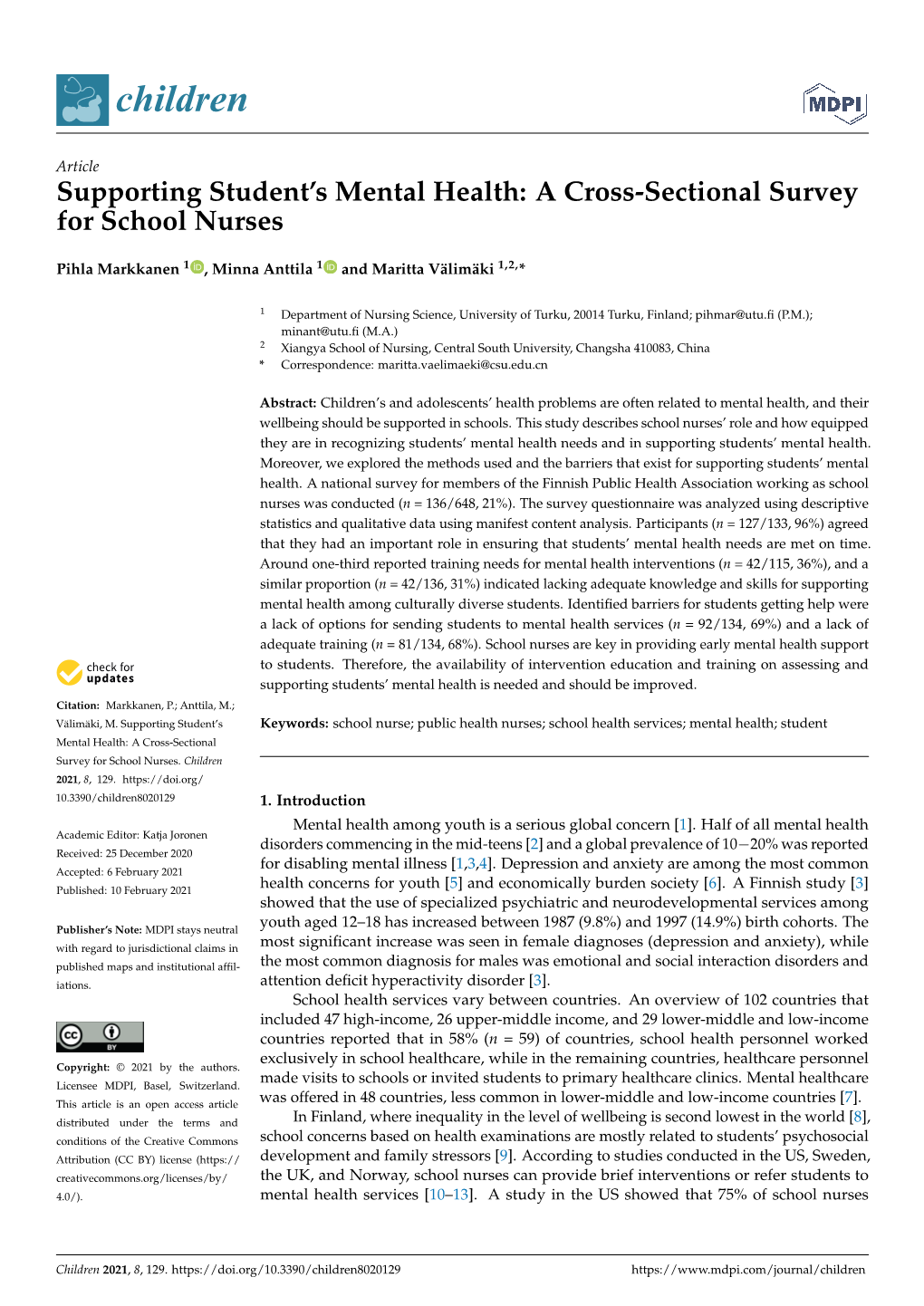 Supporting Student's Mental Health: a Cross-Sectional Survey for School