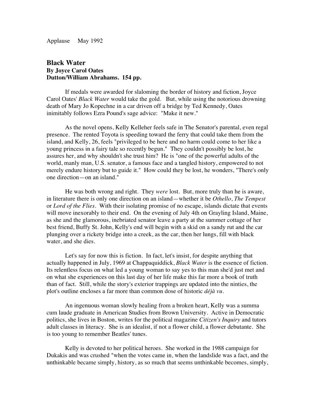 Black Water by Joyce Carol Oates Dutton/William Abrahams