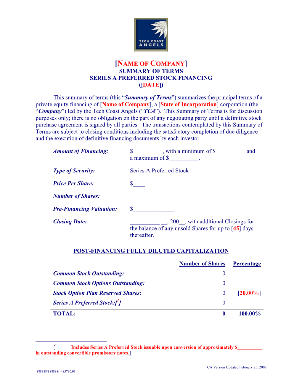 TCA Sample Term Sheet Series a Preferred