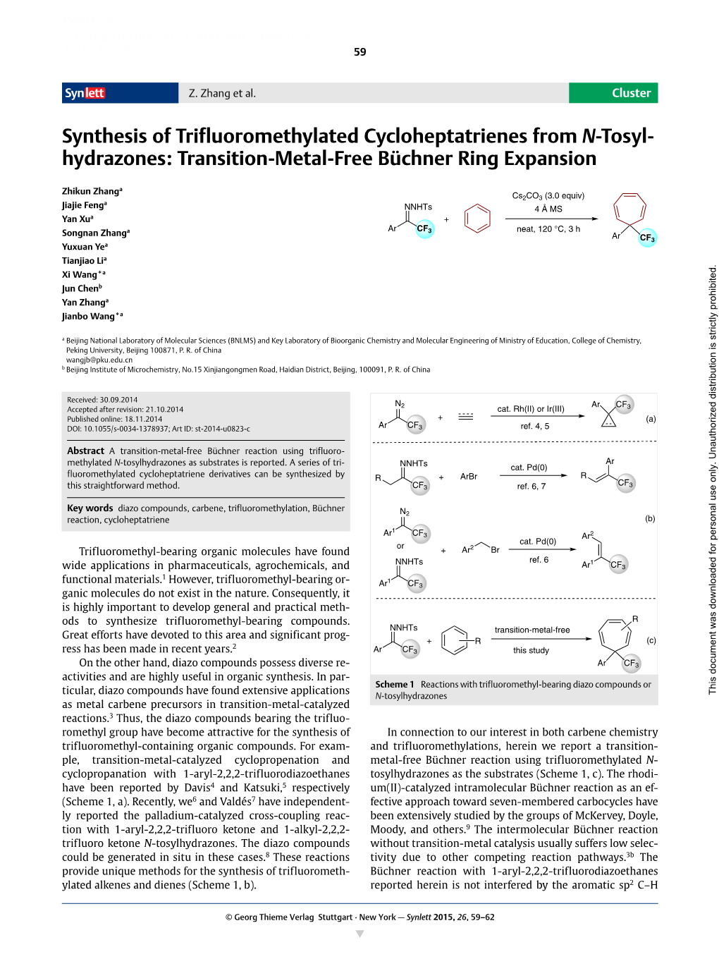 Synthesis of Trifluoromethylated Cycloheptatrienes from N-Tosyl- Hydrazones: Transition-Metal-Free Büchner Ring Expansion