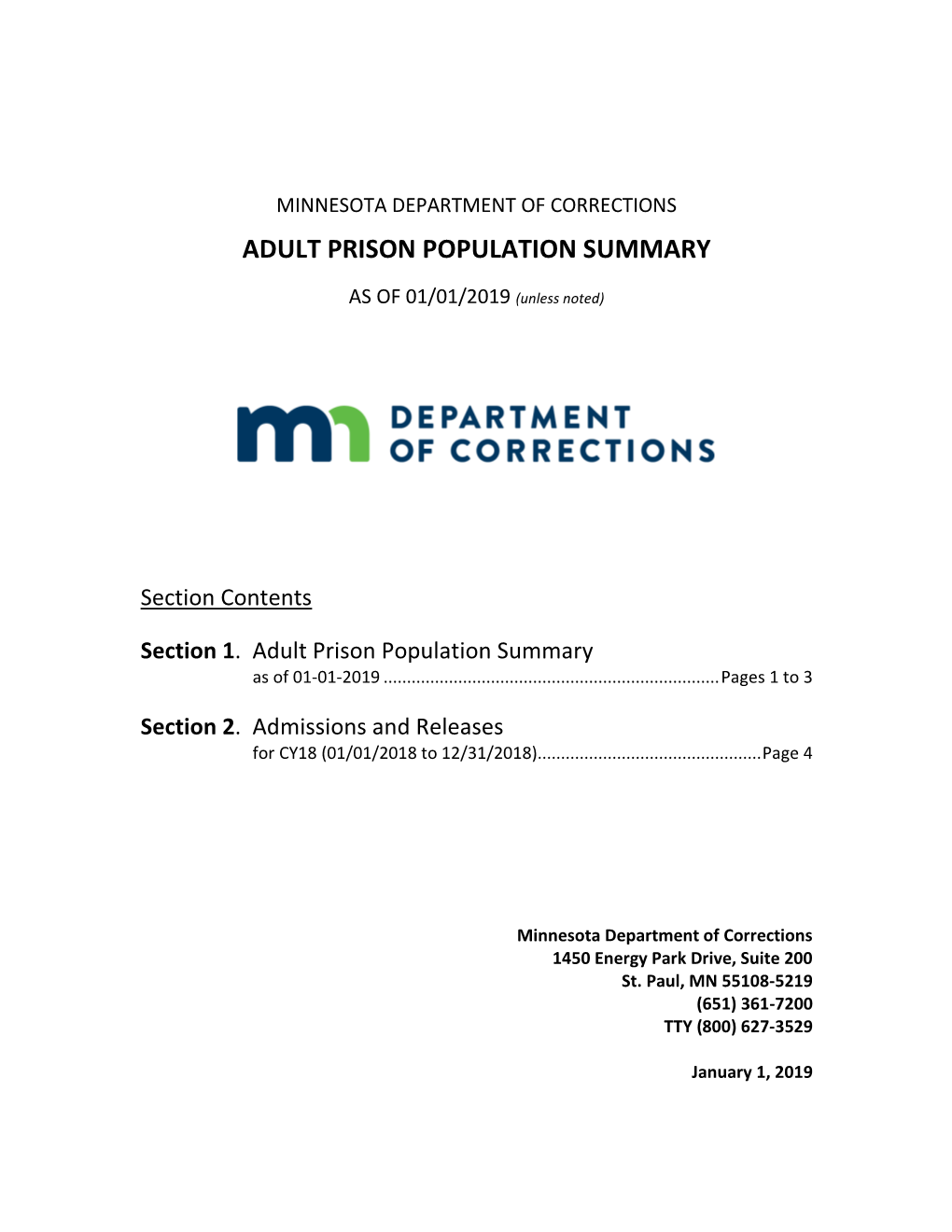 Adult Prison Population Summary